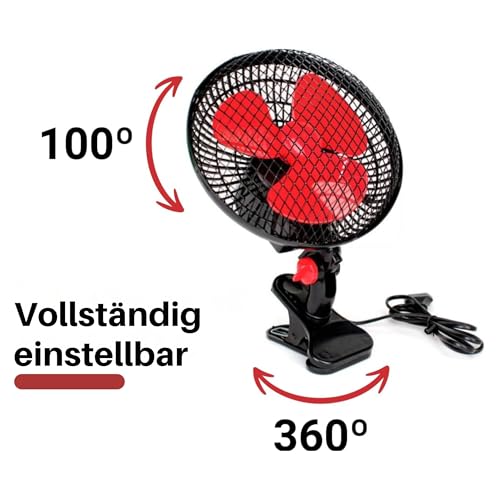 GROWMANIA Ventilator, oszillierend, 2 Geschwindigkeiten, 20 cm, 20 W, Leistung, elektrischer Ventilator, schwarz, mit 3 roten Flügeln, leise, 360 Grad