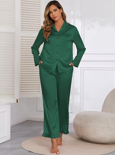 Image of Veseacky Women Satin Pajamas Set 2 Piece Button Down Short Sleeve Soft Sleepwear with Pockets