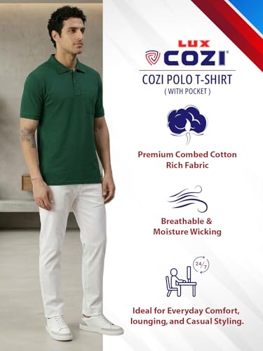 Image of Lux Cozi Men's Polo T-Shirt Regular Fit Half Sleeves with Pocket | Cotton Blend Polo Neck Collar T-Shirt for Men | Casual, Office Comfortable Breathable T-Shirt | Stylish Plain Tee