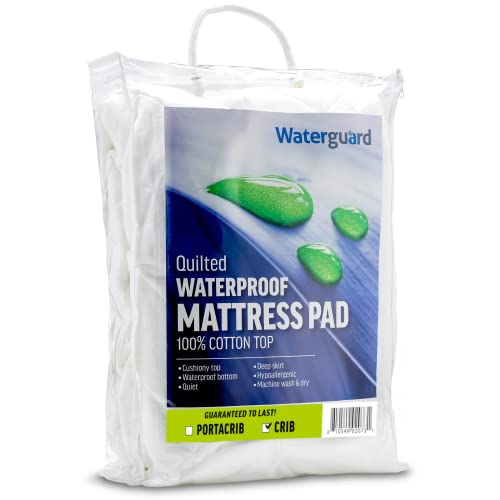 Image of Waterguard Quilted Cotton Mattress Pad - Crib Size - Soft, Comfortable, and Fluffy Mattress Pad - Waterproof Mattress Protector Stretched 7 inch for Snug Fit on Regular Sized Mattress.