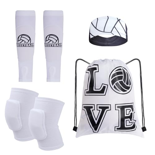 Topbuti 4 Pcs Volleyball Accessories Volleyball Knee Pads Arm Sleeves Protection Headband Drawstring Bag for Women Training (White)