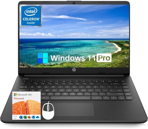 HP 14 Inch Laptop Student Business, Windows 11 Pro, Intel Dual-Core N4120, 16GB RAM, 384GB Storage(128GB eMMC+256GB MSD), Ultra Light, Webcam, WiFi, 1-Year Office 365, Accessories