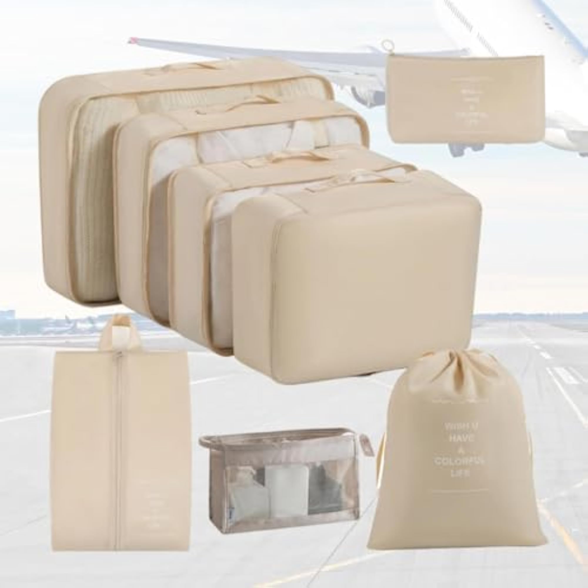8pc Beige Packing Cubes Set for Organising Luggage