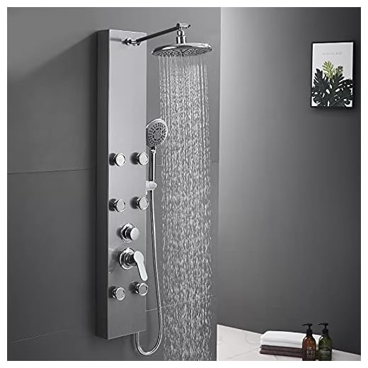 ROVATE Shower Panel Tower System 304 Stainless Steel, Shower Panels System with Adjustable Rainfall Shower Head, 6 Body Massage Jets and 5 Functions Handheld Shower, Brushed Stainless Steel