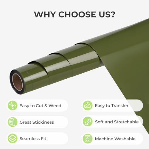 Image of HTVRONT Olive Green HTV Vinyl Roll - 12 inch x 10ft Olive Green Iron on Vinyl for All Cutting Machines, Heat Transfer Vinyl Rolls for t Shirts - Easy to Cut & Weed for Heat Vinyl Design