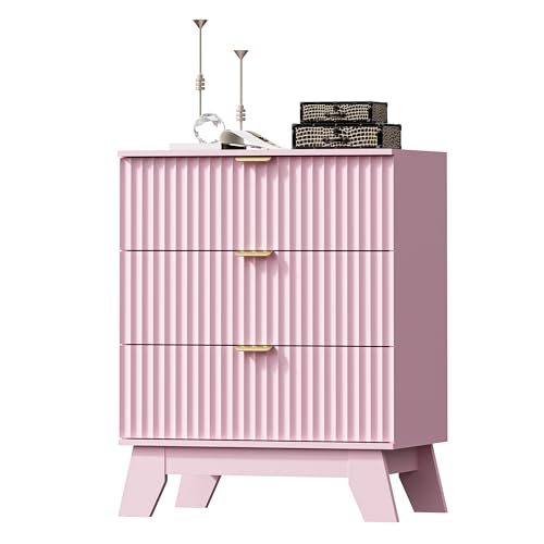 Image of HUANLEGO Fluted Nightstand with 3 Drawer for Bedroom, Pink | Mid Century Modern Beside Table with Metal Handle, Wooden End Table with 3 Drawers for Living Room, Closet, Entryway