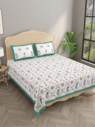 Image of Cotton Bedsheet, Hand Block Printed Bedsheet for Double Bed with 2 Pillow Covers, Eco-Friendly Bedsheet for Bedroom, Guestroom & Living Room, Size - 108 * 108 (Turquoise & Pink & Blue)