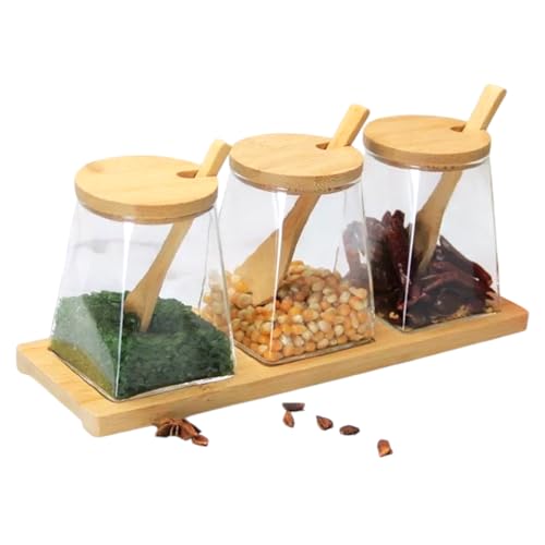 Kit 3 Potes de Vidro com Tampa de Bambu e Colher – Porta Condimen...