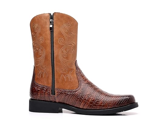 Santimon Men's Crocodile Western Cowboy Boots, Side Zipper, Mid Calf Wide Square Toe Boots4
