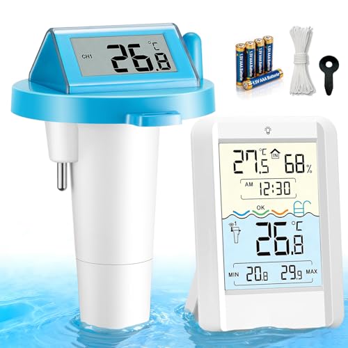 Warmfay Poolthermometer Funk Digital Solar & Akku Betrieb IP68 Wasserdicht Funkthermometer Schwimmend mit Empfänger bis 70 m Reichweite Funk Pool Thermometer für Schwimmbad Badewanne Teich Spa