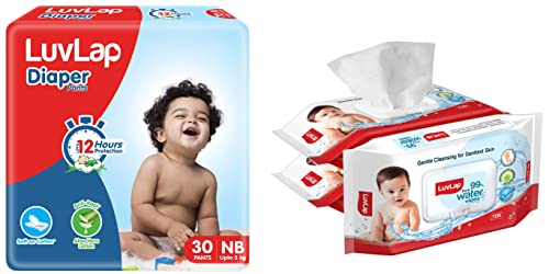 Image of LuvLap 99% Pure Water Baby Wipes, 72 Wipes /Pack, 3 Packs & LuvLap Baby Diaper Pants New Born Size (NB), with Aloe Vera Lotion for rash protection, Pack of 30 Count, Extra Small (XS)