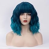 Cying Lin Short Bob Wavy Curly Wig Ombre Blue Air Bangs Wig For Women Cosplay Halloween Wigs Heat Resistant Bob Party Wig (Ombre Blue)