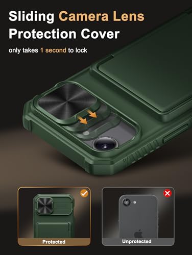 Image of Vihibii for iPhone 16e Back Cover Wallet with Card Holder (4 Cards) [RFID Blocking] & Slide Camera Cover, Military Grade Drop Protection, Rugged Back & Silicone Edge Case for 16e 2025 6.1 inch, Green