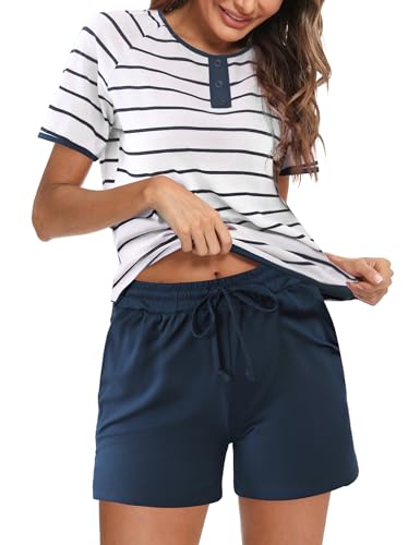 Nieery Pijamas de Rayas para Mujer Pijamas de Dos Piezas de Manga Corta para Mujer Conjuntos de Pijama de Verano para Mujer Pijamas Elegantes con Estilo Pijamas de Manga Corta para Mujer S-XXL
