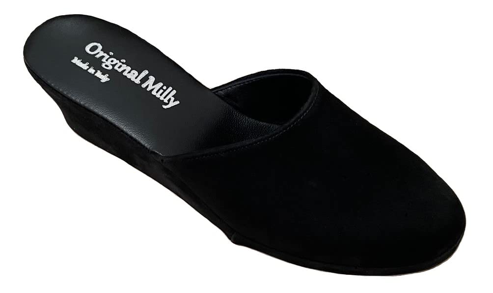 Milly 9001 Ciabatte da Camera per Donna Pantofole per casa con Zeppa 5 cm, Classiche Eleganti, Artigianali Made in Italy, in Pelle Scamosciata (nero, numeric_39)