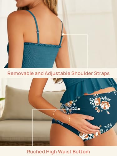 Image of Summer Mae Maternity High Waist Swimsuit Ruffle Hem Bikini Bathing Suit Shirred Bandeau Two Piece Pregnancy Swimwear