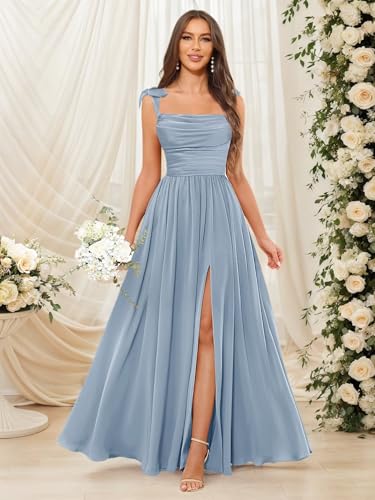 Square Neck Bridesmaid Dresses for Women Long Split Pleated Chiffon Formal Dress with Pockets3
