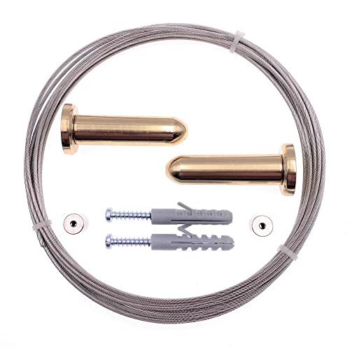 DécoProfi Seilspannsystem TORRE Messing poliert Gardinenstange Seil 5m Edelstahl (Nirosta) / Silberfarben I Vorhang/Gardine Seilspanngarnitur Edelstahl I Halterungen/Befestigung Seilsystem