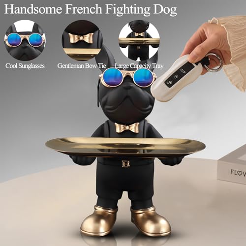Huhote Bulldogge Skulptur Mit Tablett - Französische Bulldogge Deko, Hund Schlüssel Schale, Figur Statue für Flur, Wohnzimmer, Büro, Eingangsbereich, Desktop Ornament (Schwarz)