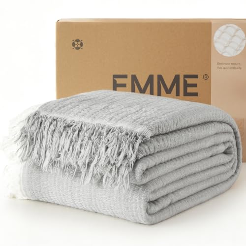 Image of EMME Muslin Queen Blanket with Tassels, 100% Cotton Gauze, Grey, 80 inchx90 inch | Soft Breathable Gauze Throw, Lightweight, Cozy for Adults Couch Sofa Bed, Gifts for Women Mom, Boho Home Decor, All Season