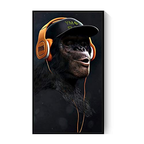 Gorilla 202006NQ007A Ölgemälde mit lustigem Denkender Affe und Kopfhörer, Wandbild, Familiendekoration, 50 x 80 cm