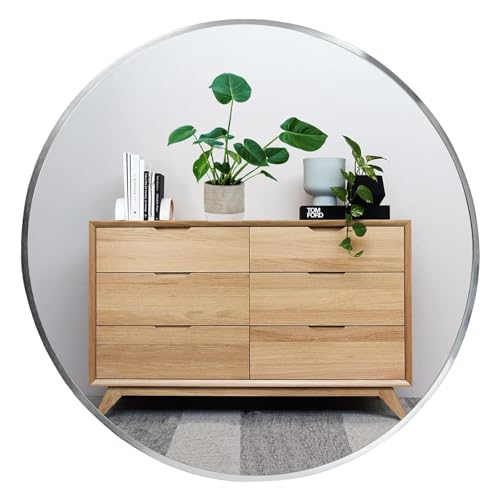 Image of Oruii Silver Circle Mirror, 22 inch Round Mirror Metal Frame, Brushed Nickel Bathroom Mirrors for Bedroom, Bathroom, Living Room, Over Sink, Rustic, Vanity