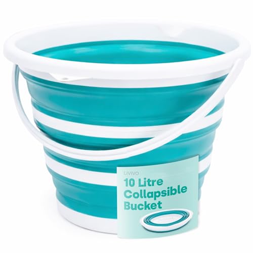 LIVIVO Collapsible Bucket – Large 10L Capacity Sturdy Silicone Foldable Bucket with Comfortable Grip Handle - Handy Folding Bucket, Neat and Space Saving Solution for Laundry, Car Wash (Turquoise)