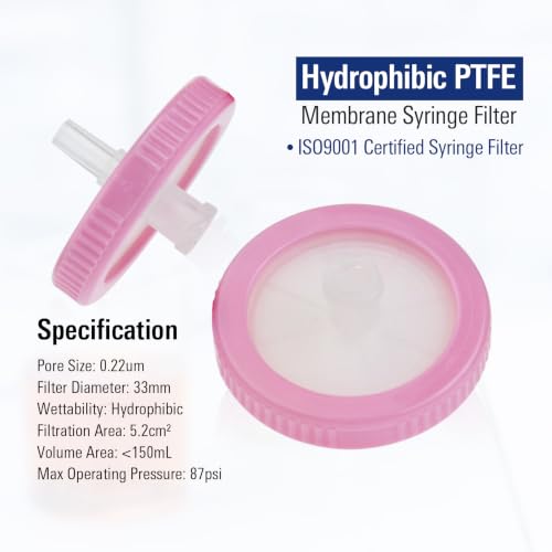 Image of PEKYBIO Sterile Syringe Filter, 33mm PTFE Hydrophobic Filtration 0.22μm Pore Size with Pink Smooth Ring, Individually Packed for Lab, Pack of 10
