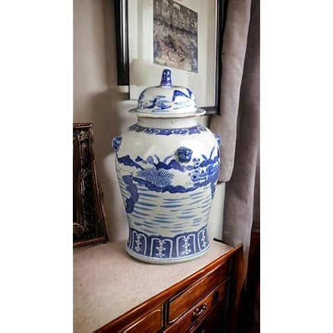 19" Antique Like Finish Retro Blue and White Porcelain Landscape Temple Ceramic Ginger Jar Vase, China Ming Style, Jingdezhen (L19) Cover