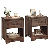 AODK Farmhouse Nightstand Set of 2, Rustic End Tables with Drawer & Open Storage, Wood Bedside Tables for Bedroom & Small Space, Dark Walnut