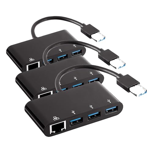 Adaptateur 3 ports USB 3.0 avec port Ethernet gigabit RJ45 noir pour ordinateur de bureau