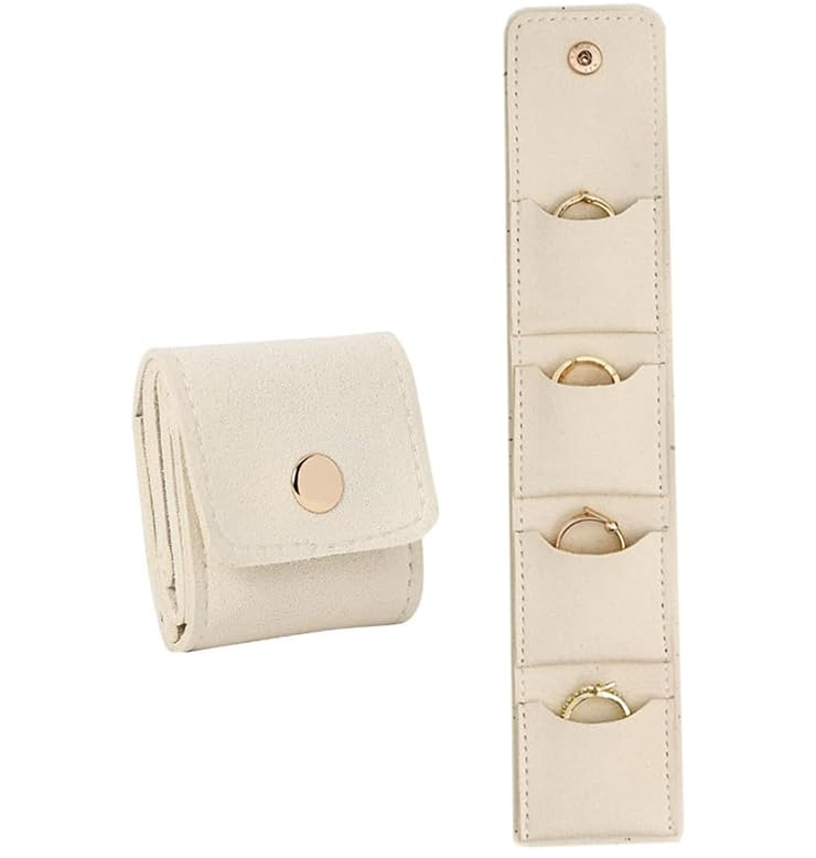 Foxniner Collapsible Jewelry Travel Case, 4 Compartments Roll Multifunctional Organizer for Earrings, Rings(White)