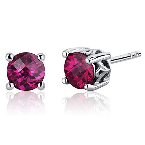 Peora Created Ruby Stud Earrings 925 Sterling Silver, Solitaire Scroll Gallery, 2 Carats Total, Round Shape 6mm, Friction Backs, Red Ruby Stud Earrings Trendy, July Birthstone
