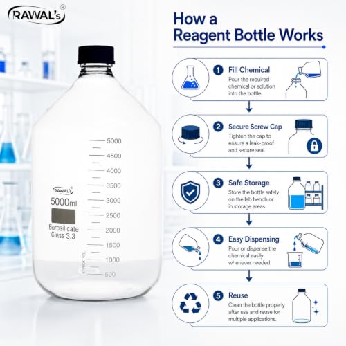 Image of RAWAL'S 5000ml Borosilicate Glass Reagent Bottle - Heavy-Duty Lab Bottle with Leak-Proof Screw Cap | Chemical Storage Container for Laboratory, Scientific, Industrial & Professional Use