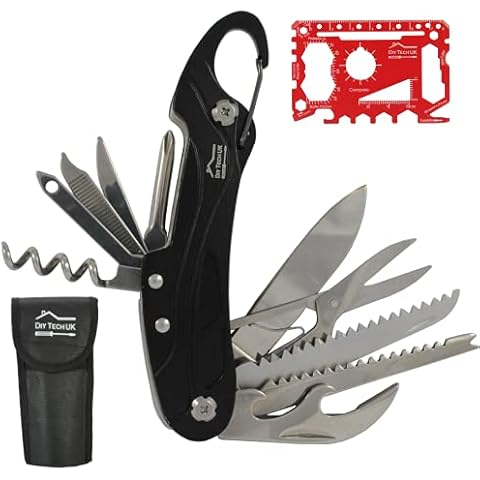 DIY TECH UK - 13 in 1 Pocket Multitool + Free 48 in 1 Wallet Tool - Extra Strong High Carbon Stainless Steel - Knife, Scissors, Corkscrew, Saw, Tin Opener, Screwdriver, Carabiner - Jet Black + Pouch Cover