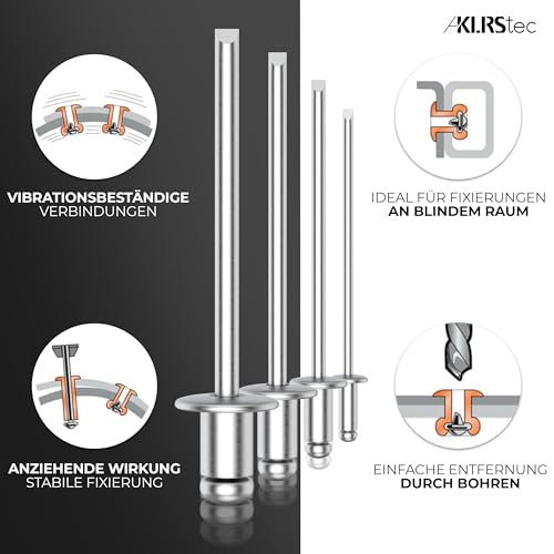 KLRStec Professional Blindnieten Set [500tlg.] Aluminium/Stahl Popnieten Set für Nietenzangen 125 Stk. jeder Größe (2,4mm, 3,2mm, 4,0mm und 4,8mm)