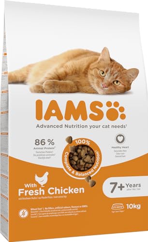 IAMS Senior Katzenfutter trocken mit Huhn - Trockenfutter für ältere Katzen ab 7 Jahren, 10 kg