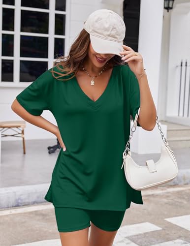 Image of Ekouaer Womens Pajamas 2 Piece Lounge Sets Oversized V Neck T-Shirts Tops Biker Shorts Set Workout Reversible Tracksuit S-XXL