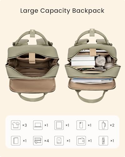 Image of LOVEVOOK Laptop Backpack for Women with Giant Tumbler Holder Pocket, 15.6 inch Travel Work Backpack Purse for Teacher Nurse, Waterproof College Book Bag Cute Casual Daypack, Beige-Green