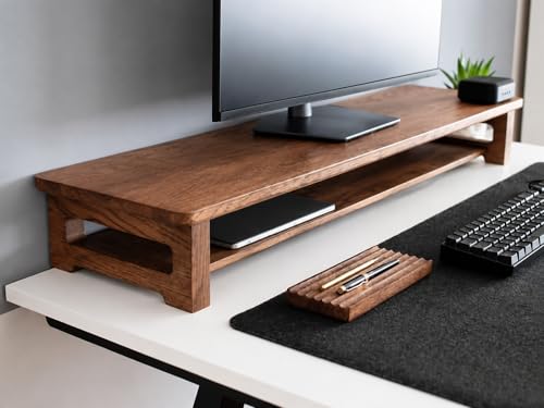 Image of 66cm Long Wooden Monitor Stand with Storage Organizer for Desk, Tables, Office, Home, Studio, Study Table | Desktop Ergonomic Monitor Stand Riser