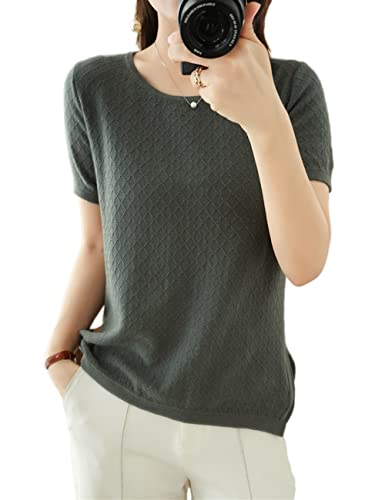 Image of Womens Short Sleeve Sweaters Tops Summer Thin Pullover Cotton Knit Shirt Crew Neck Lightweight Pointelle Blouse