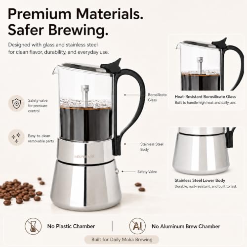 Image of Mixpresso 9 Cup Greca Moka Pot, Glass Stovetop Espresso Maker | 550ml /18oz Italian stovetop coffee maker with classic percolator design, ideal for preparing coffee at home or while camping