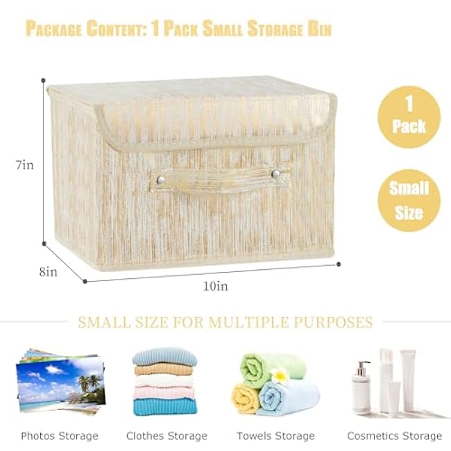 Decorative Storage Boxes with Lid Luxury Metallic Fabric Storage Bins Organizer Containers Collapsible Shelf Baskets with Handles for Home Bedroom Closet Office (Gold, Small Size)