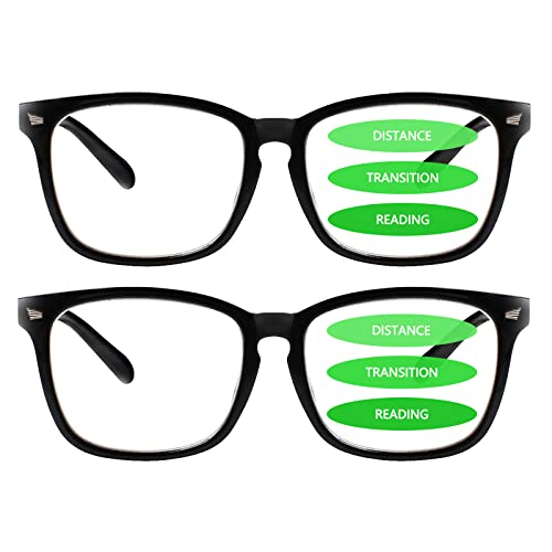 Sumkyle 2-Pack Progressive Multifocal Anti Blue Light Reading Glasses for Women and Men Fashion Eyeglasses Frame (2Black, 0.00)