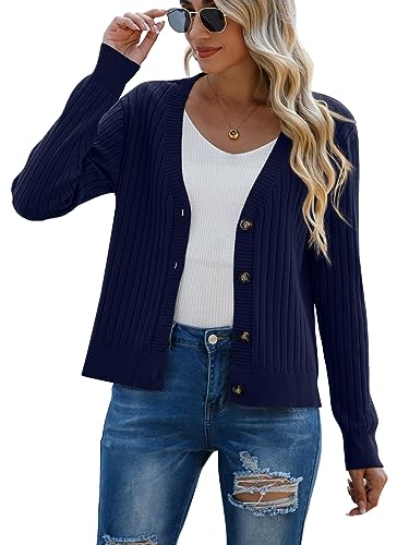Image of FREEOAK Women's Lightweight V Neck Wool Blue Cardigan Cozy Cotton Sweaters Button Down Cardigan for Women Winter Fall Casual Sweaters Navy Blue 2XL