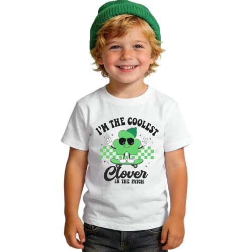 MULOIUDZ St Patrick's Day Shirt for Toddler Boy I’m The Coolest Clover in The Patch T-Shirt Shamrock Tee Top Kid Irish Outfit(White,5-6T)