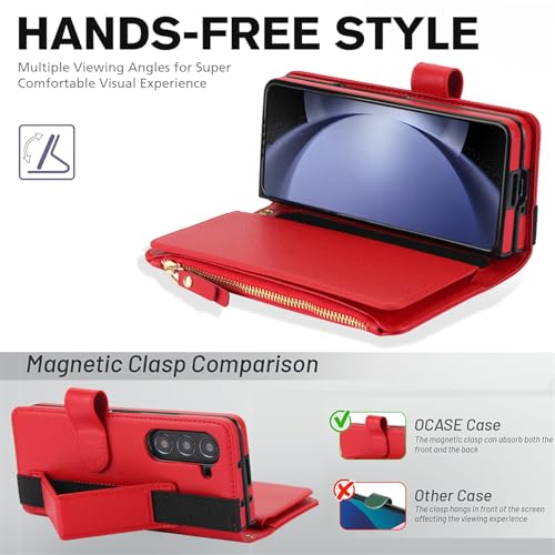 Dteck for Samsung Galaxy Z Fold 7 (2025 Release) Flip Wallet Phone Case with Wrist Strap Lanyard, Built-in S Pen Holder/Hand Strap/Kickstand/Card Slots/Zipper Pocket, PU Leather Protective Cover, Red by Dteck - Image 2
