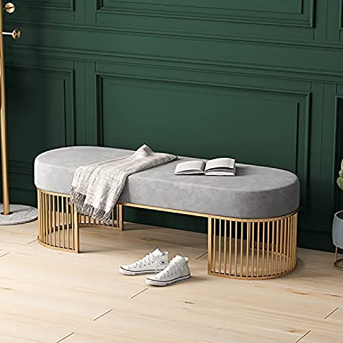 Banc à chaussures moderne en velours gris et lignes métalliques épurées