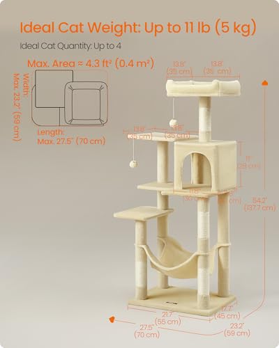 Image of Feandrea Cat Tree, 54.2-Inch Cat Tower, Plush Multi-Level Condo with 4 Scratching Posts, 2 Perches, Hammock, Cave, Beige UPCT161M01