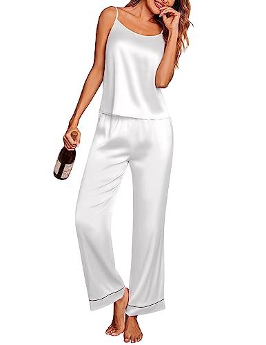 Image of Ekouaer Silk Pajamas for Women Set Tank Top Pj Sets 2 Piece Lounge Set | Satin Womens Pajama Sets Sexy Sleeveless Loungewear Long Pants Sleepwear Soft Cami Pjs Sets with Pocket S-XXL